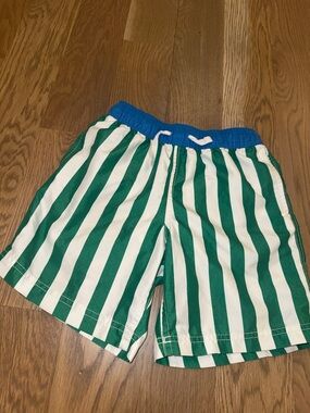 Hanna Andersson Green and White Striped Swim Trunks with Blue Waistband